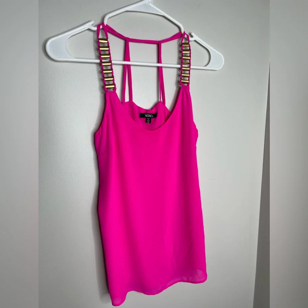 XOXO pink & brass/gold accents, dressy tank top. Size XS. Hot pink with lining. - Picture 2 of 4